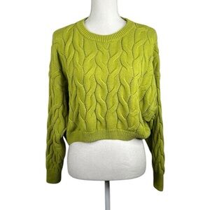 Pink Rose Green Knit Crewneck High Low Long Sleeve Cropped Sweater Size Large